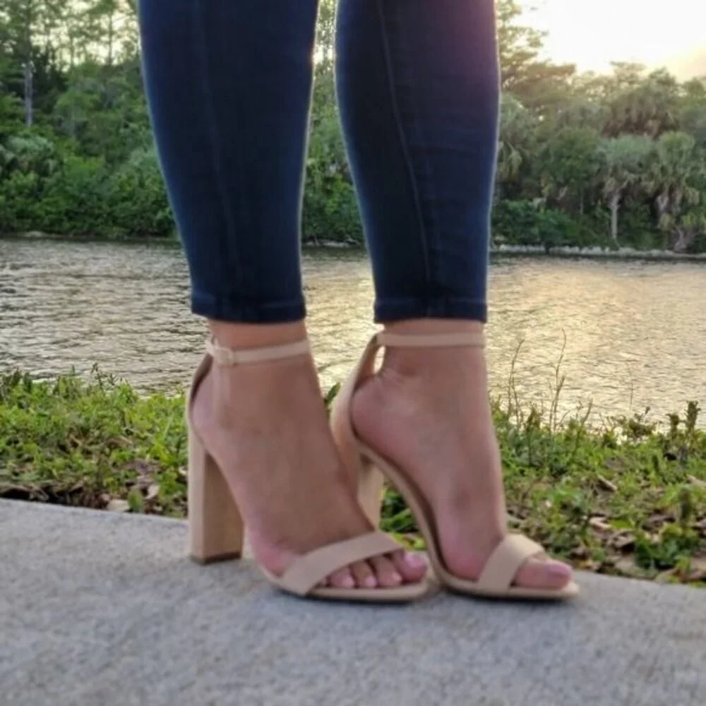 Beige Suede Ankle Strap Block Heel Dress Sandals